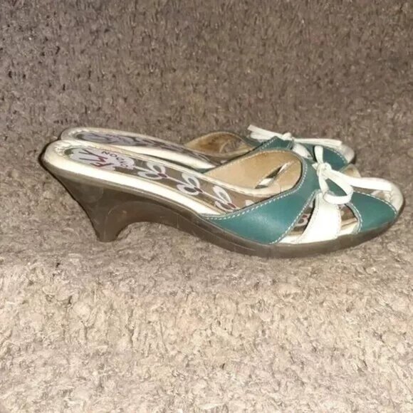 FLY LONDON-Blue/White Leather-Slides-Kitten Heel-Size 36/6-Excellent - Picture 4 of 7